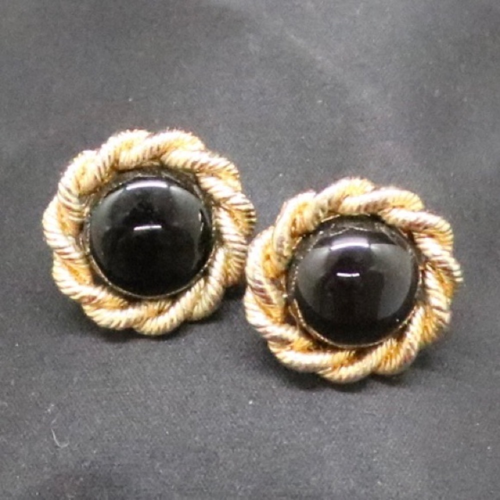 Vintage Circa 80s 90s Gold Twist Fringed Gold Earrings Black Gem 3/4 Inch Luxury
